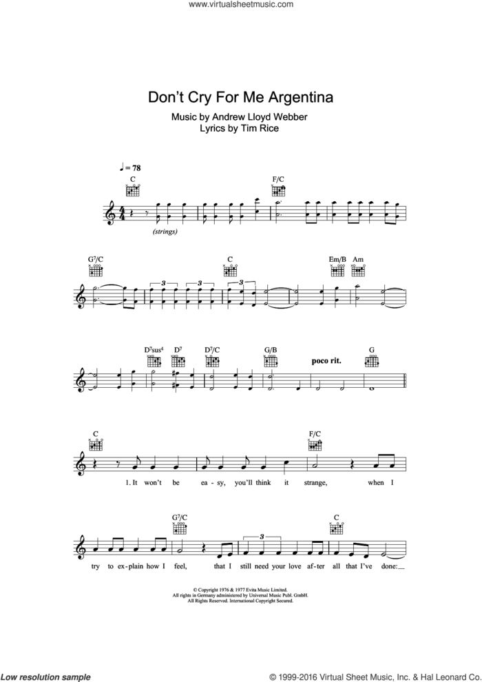 Don't Cry For Me Argentina (from Evita) sheet music for voice and other instruments (fake book) by Madonna, Andrew Lloyd Webber and Tim Rice, intermediate skill level