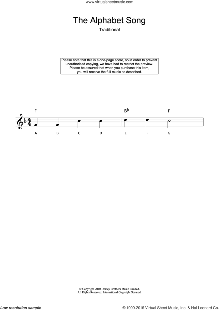 Alphabet Song sheet music for voice and other instruments (fake book), intermediate skill level
