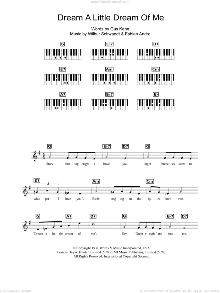 Dream A Little Dream Of Me sheet music for piano solo (chords, lyrics, melody) by The Mamas & The Papas, Mama Cass, Fabian Andre, Gus Kahn and Wilbur Schwandt, intermediate piano (chords, lyrics, melody)