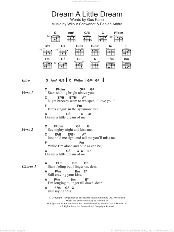 Dream A Little Dream Of Me sheet music for guitar (chords) by The Mamas & The Papas, Mama Cass, Fabian Andre, Gus Kahn and Wilbur Schwandt, intermediate skill level