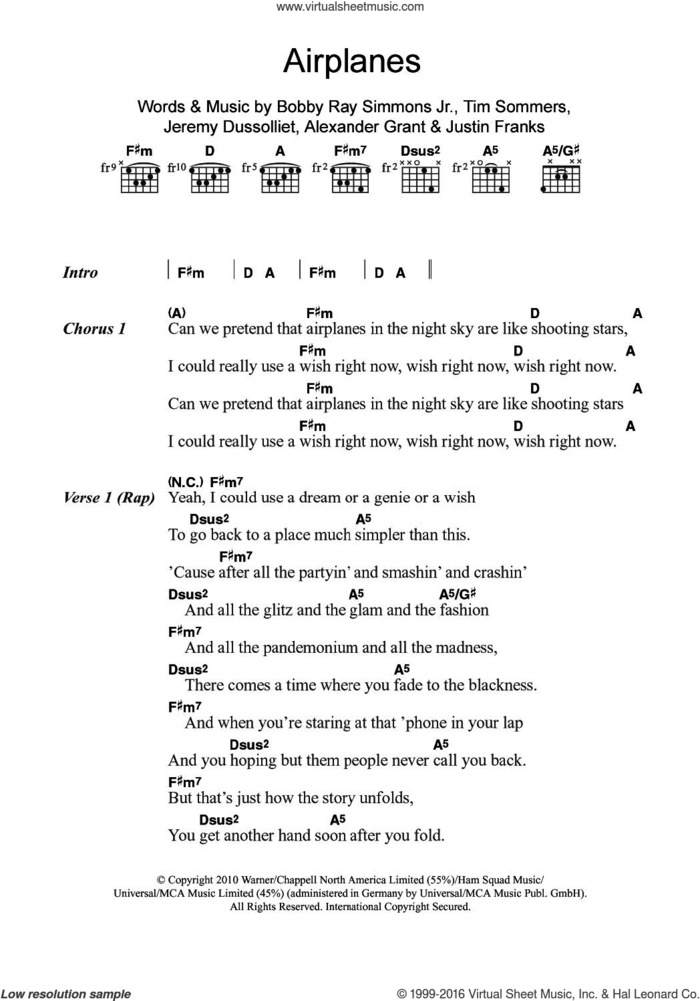 Airplanes (featuring Hayley Williams) sheet music for guitar (chords) by Justin Franks, B.o.B., Hayley Williams, Alexander Grant, Bobby Ray Simmons Jr., Jeremy Dussolliet and Tim Sommers, intermediate skill level