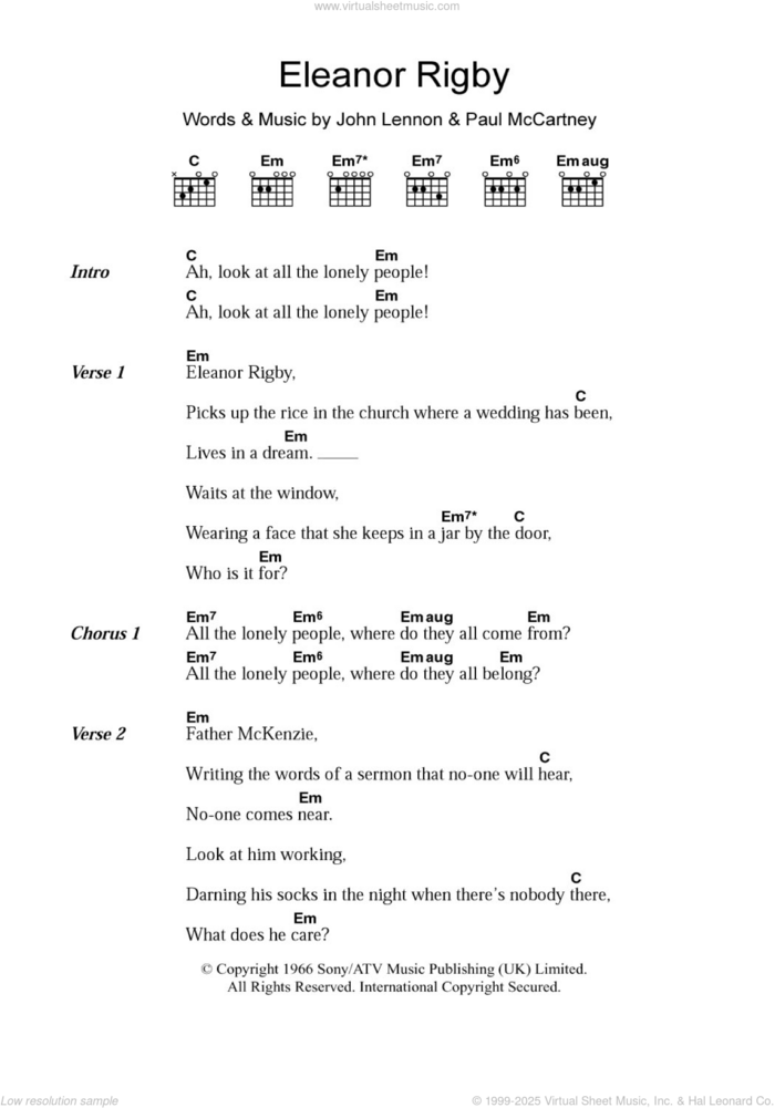 Eleanor Rigby sheet music for guitar (chords) by The Beatles, John Lennon and Paul McCartney, intermediate skill level