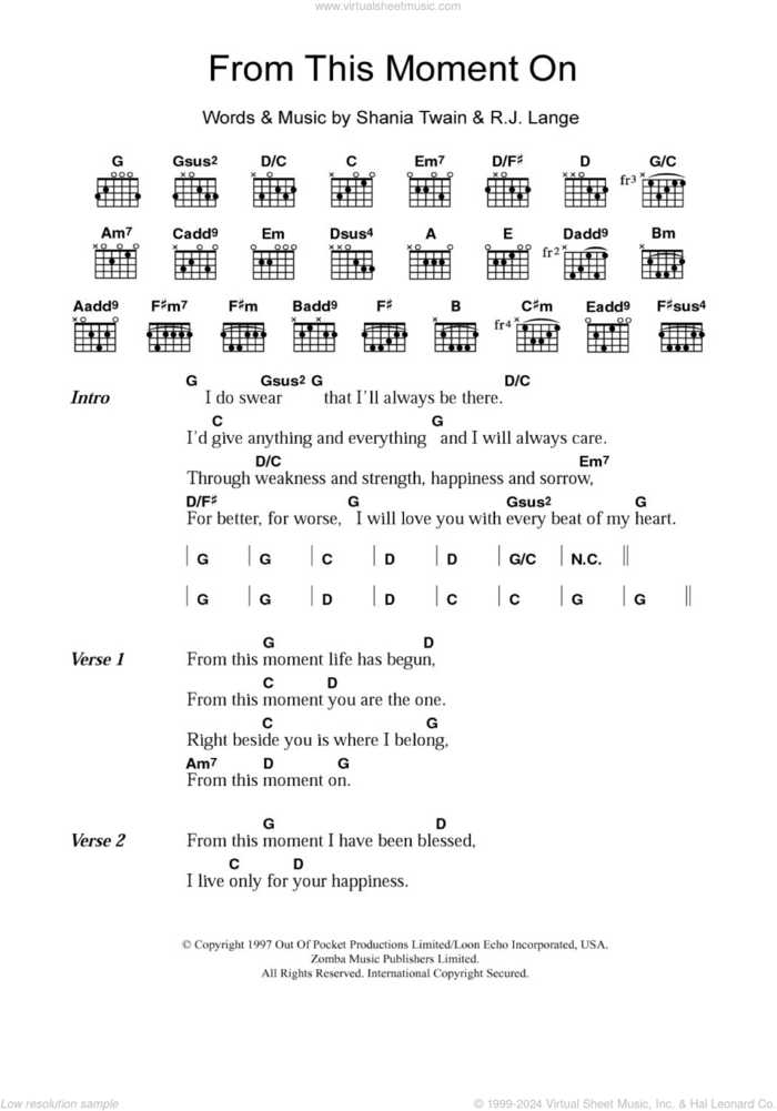 From This Moment On sheet music for guitar (chords) by Shania Twain and Robert John Lange, wedding score, intermediate skill level