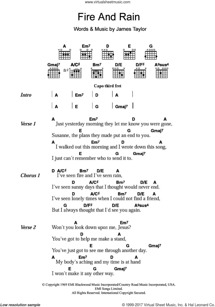 Fire And Rain sheet music for guitar (chords) by James Taylor, intermediate skill level