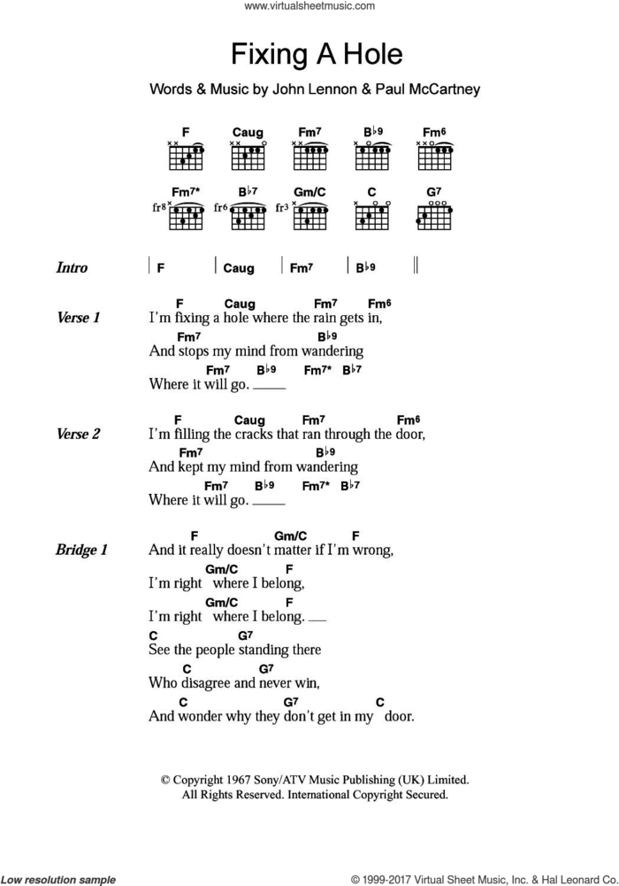 Fixing A Hole sheet music for guitar (chords) by The Beatles, John Lennon and Paul McCartney, intermediate skill level