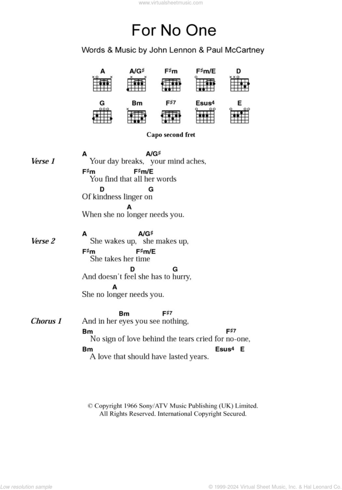 For No One sheet music for guitar (chords) by The Beatles, John Lennon and Paul McCartney, intermediate skill level