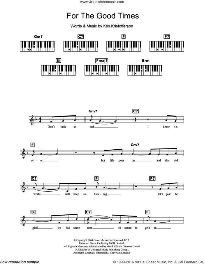 For The Good Times sheet music for piano solo (chords, lyrics, melody) by Ray Price and Kris Kristofferson, intermediate piano (chords, lyrics, melody)