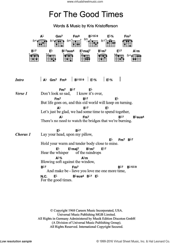For The Good Times sheet music for guitar (chords) by Ray Price and Kris Kristofferson, intermediate skill level