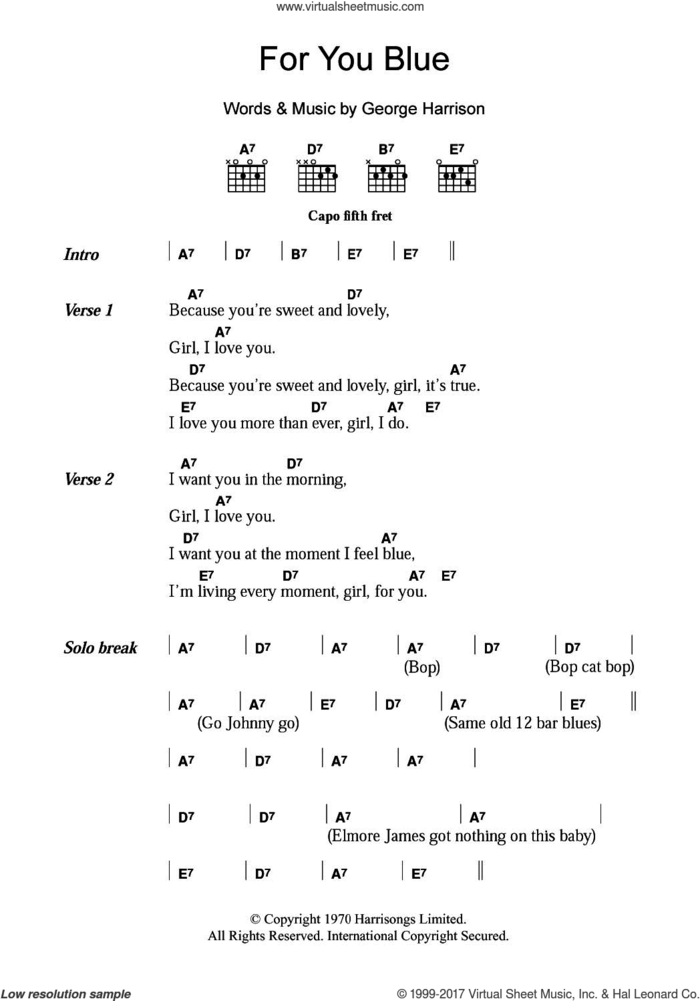 For You Blue sheet music for guitar (chords) by The Beatles and George Harrison, intermediate skill level