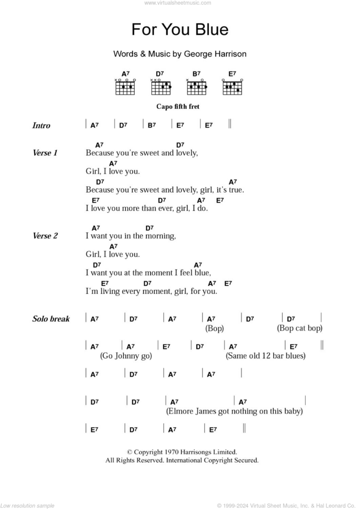 For You Blue sheet music for guitar (chords) by The Beatles and George Harrison, intermediate skill level