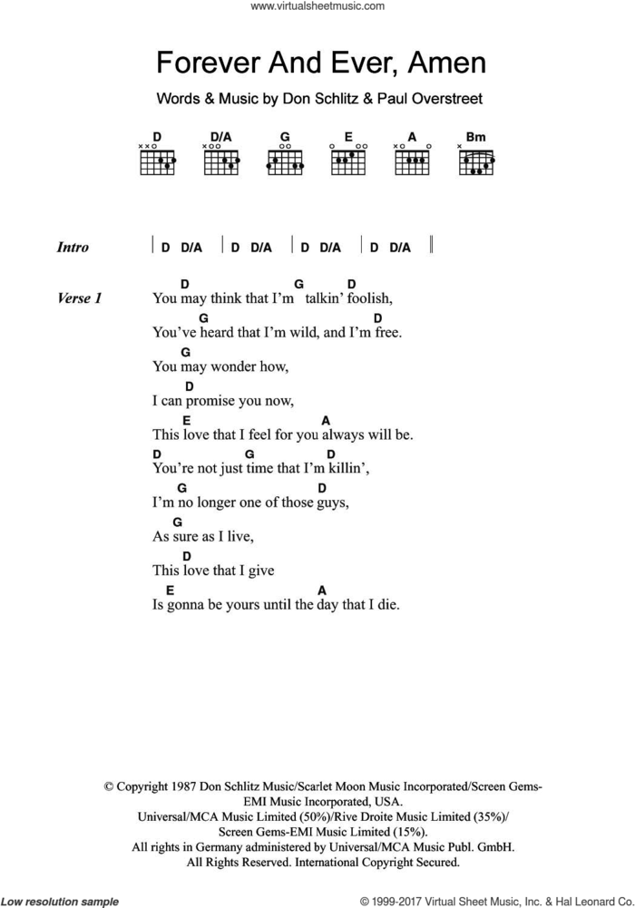 Forever And Ever, Amen sheet music for guitar (chords) by Randy Travis, Don Schlitz and Paul Overstreet, intermediate skill level