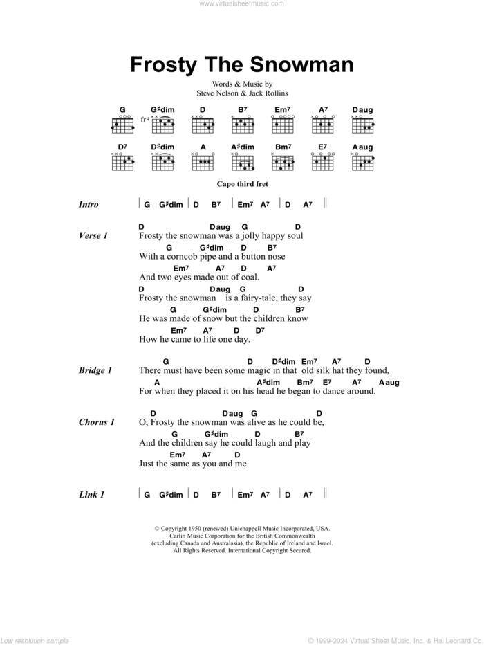 Frosty The Snowman sheet music for guitar (chords) by The Ronettes, Jack Rollins and Steve Nelson, intermediate skill level