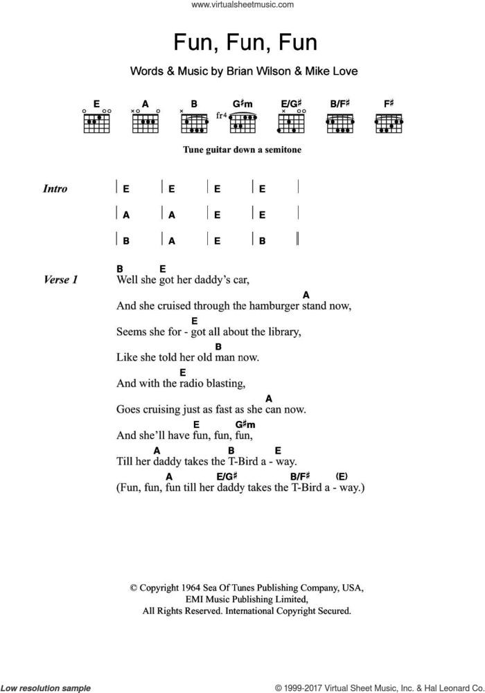 Fun, Fun, Fun sheet music for guitar (chords) by The Beach Boys, Brian Wilson and Mike Love, intermediate skill level
