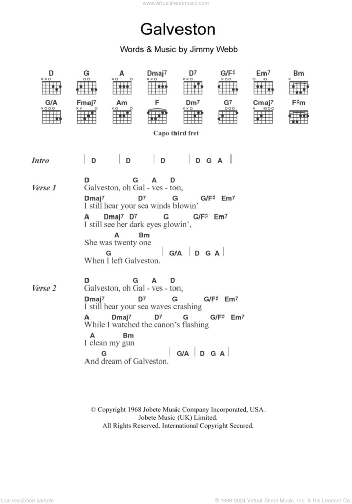 Galveston sheet music for guitar (chords) by Glen Campbell and Jimmy Webb, intermediate skill level