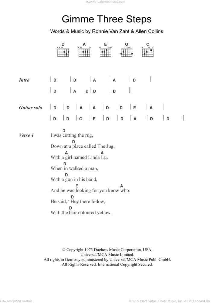 Gimme Three Steps sheet music for guitar (chords) by Lynyrd Skynyrd, Lynryd Skynryd, Allen Collins and Ronnie Van Zant, intermediate skill level