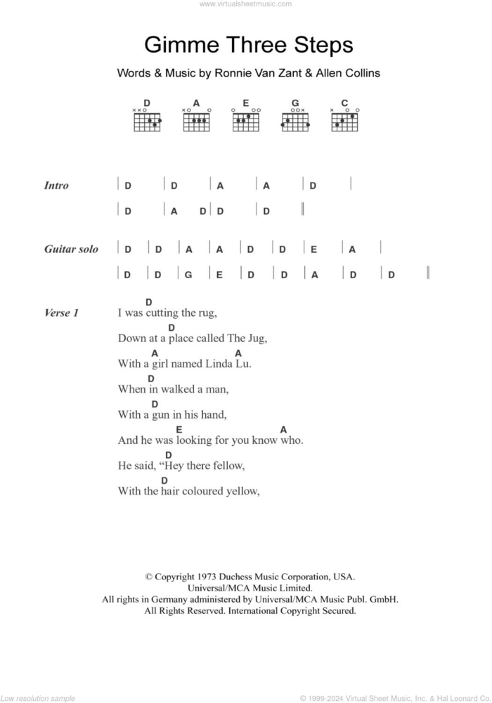 Gimme Three Steps sheet music for guitar (chords) by Lynyrd Skynyrd, Lynryd Skynryd, Allen Collins and Ronnie Van Zant, intermediate skill level