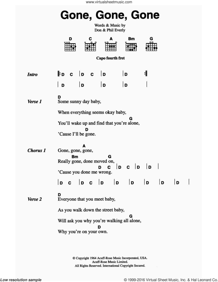 Gone, Gone, Gone (Done Moved On) sheet music for guitar (chords) by The Everly Brothers, Don Everly and Phil Everly, intermediate skill level