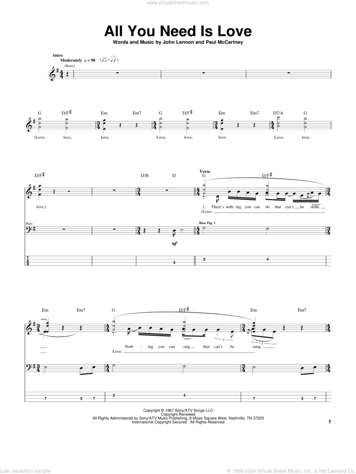 All You Need Is Love sheet music for bass (tablature) (bass guitar) by The Beatles, John Lennon and Paul McCartney, wedding score, intermediate skill level