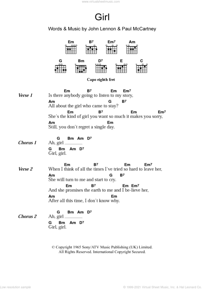 Beatles - Girl sheet music for guitar (chords) [PDF]