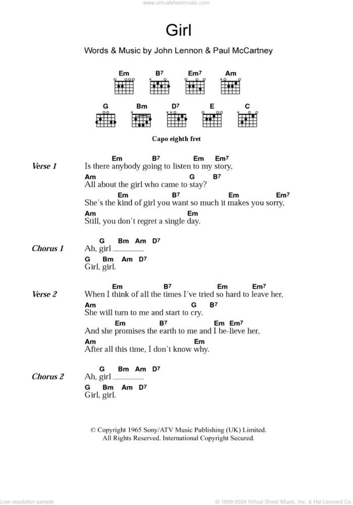 Girl sheet music for guitar (chords) by The Beatles, John Lennon and Paul McCartney, intermediate skill level