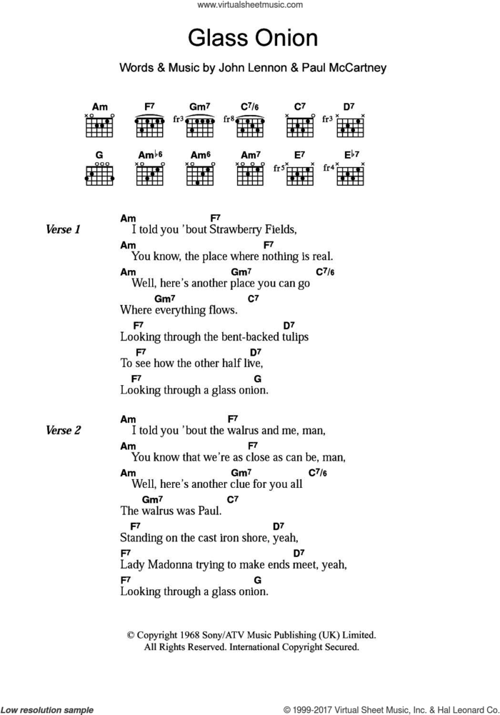 Glass Onion sheet music for guitar (chords) by The Beatles, John Lennon and Paul McCartney, intermediate skill level