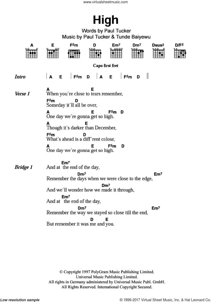 High sheet music for guitar (chords) by Lighthouse Family, Paul Tucker and Tunde Baiyewu, intermediate skill level