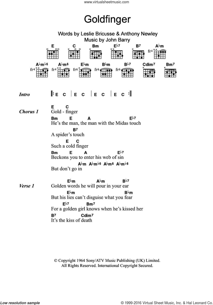 Goldfinger (from James Bond: 'Goldfinger') sheet music for guitar (chords) by Shirley Bassey, Anthony Newley, John Barry and Leslie Bricusse, intermediate skill level