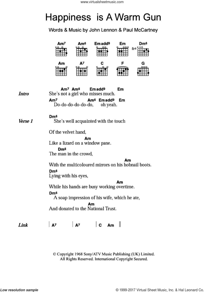 Happiness Is A Warm Gun sheet music for guitar (chords) by The Beatles, John Lennon and Paul McCartney, intermediate skill level