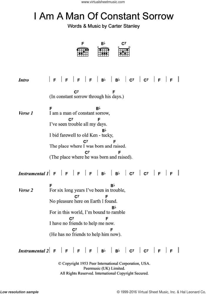 I Am A Man Of Constant Sorrow (from O Brother Where Art Thou?) sheet music for guitar (chords) by The Soggy Bottom Boys and Carter Stanley, intermediate skill level