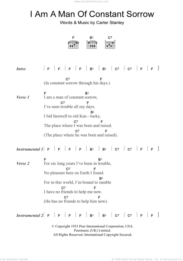 I Am A Man Of Constant Sorrow (from O Brother Where Art Thou?) sheet music for guitar (chords) by The Soggy Bottom Boys and Carter Stanley, intermediate skill level