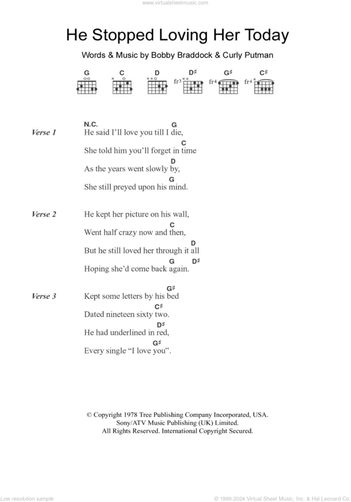 He Stopped Loving Her Today sheet music for guitar (chords) by George Jones, Bobby Braddock and Curly Putman, intermediate skill level