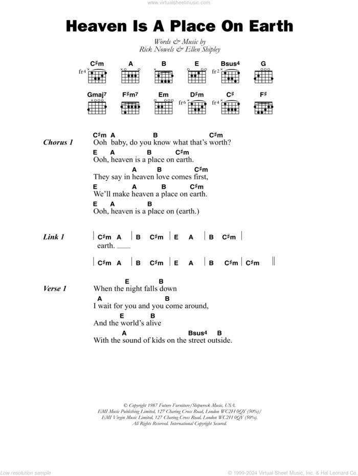 Heaven Is A Place On Earth sheet music for guitar (chords) by Belinda Carlisle, Ellen Shipley and Rick Nowels, intermediate skill level