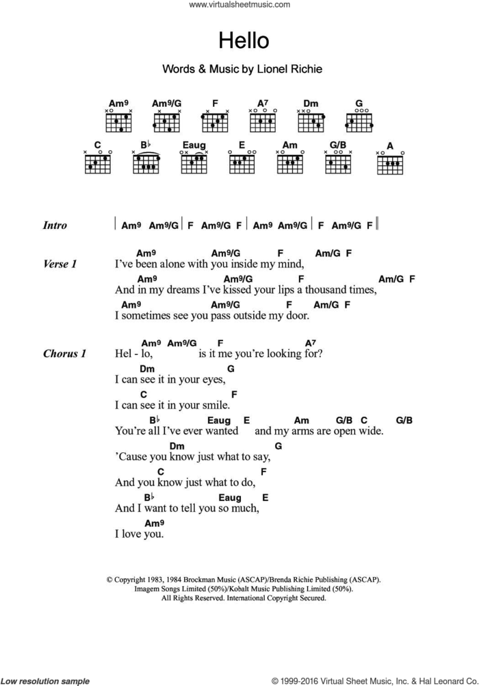 Hello sheet music for guitar (chords) by Lionel Richie, intermediate skill level