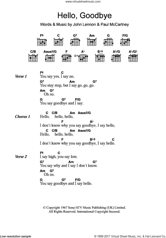 Hello, Goodbye sheet music for guitar (chords) by The Beatles, John Lennon and Paul McCartney, intermediate skill level