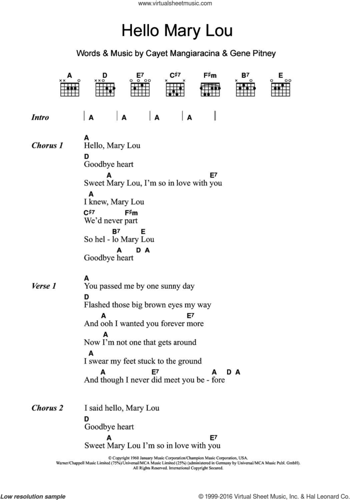 Hello Mary Lou sheet music for guitar (chords) by Ricky Nelson, Cayet Mangiaracina and Gene Pitney, intermediate skill level