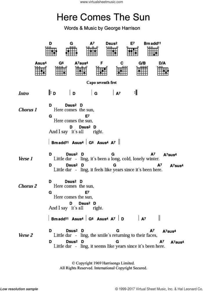 Here Comes The Sun sheet music for guitar (chords) by The Beatles and George Harrison, intermediate skill level