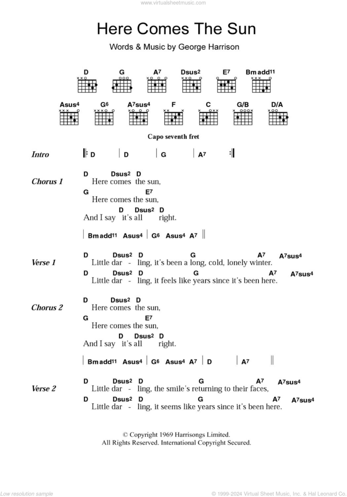 Here Comes The Sun sheet music for guitar (chords) by The Beatles and George Harrison, intermediate skill level