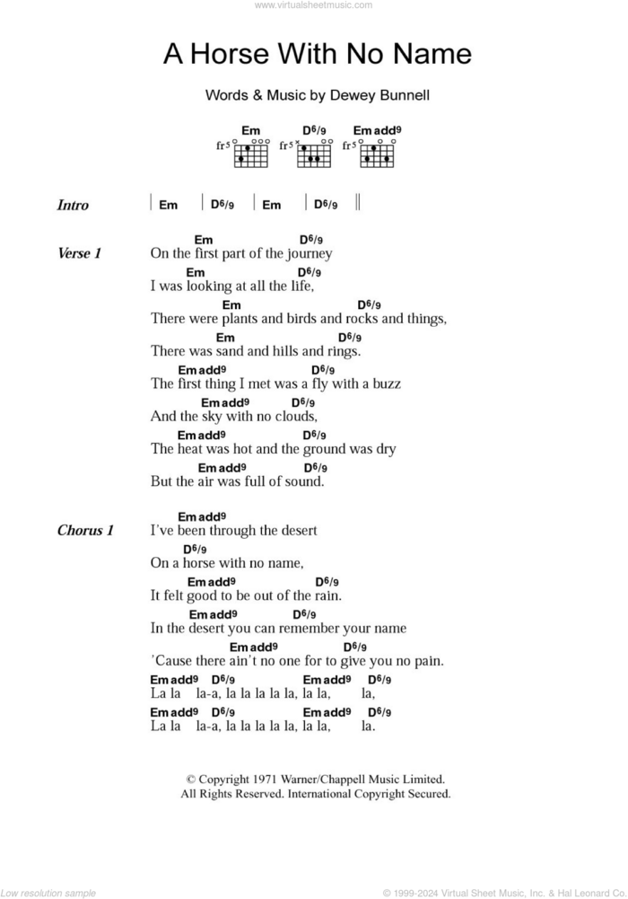 A Horse With No Name sheet music for guitar (chords) by America and Dewey Bunnell, intermediate skill level