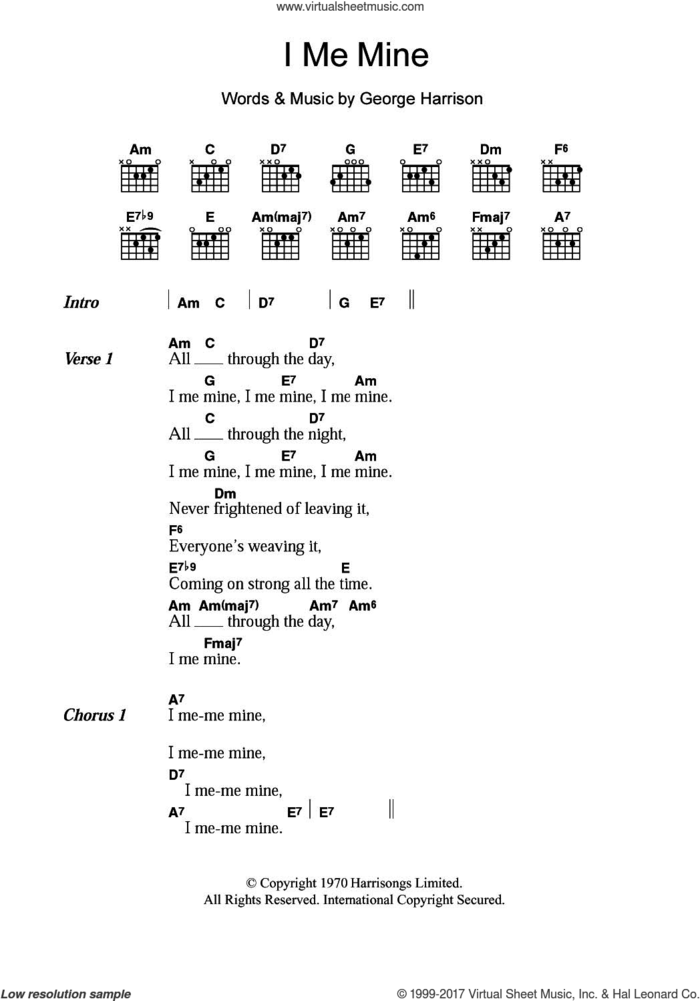 I Me Mine sheet music for guitar (chords) by The Beatles and George Harrison, intermediate skill level