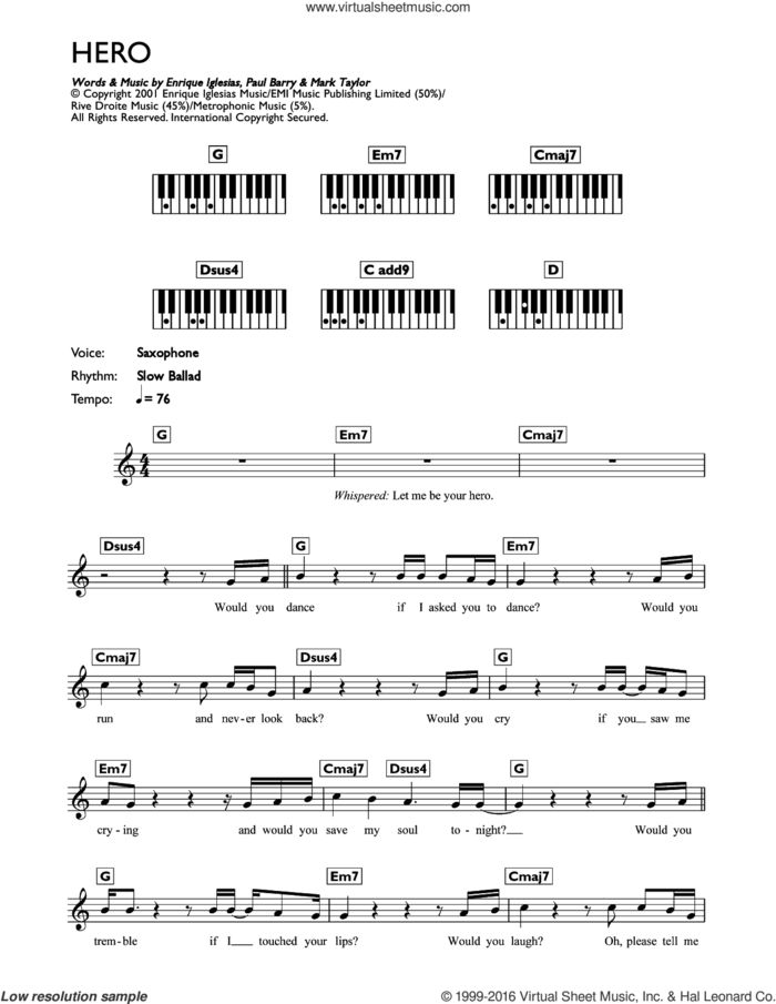 Hero sheet music for piano solo (chords, lyrics, melody) by Enrique Inglesias, Enrique Iglesias, Mark Taylor and Paul Barry, intermediate piano (chords, lyrics, melody)