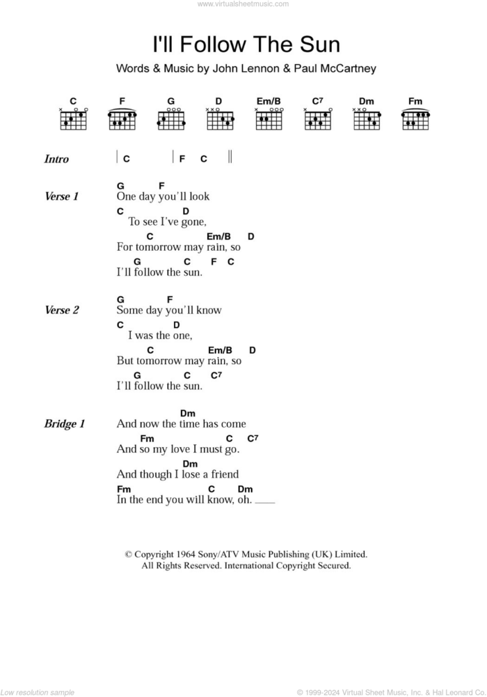 I'll Follow The Sun sheet music for guitar (chords) by The Beatles, John Lennon and Paul McCartney, intermediate skill level