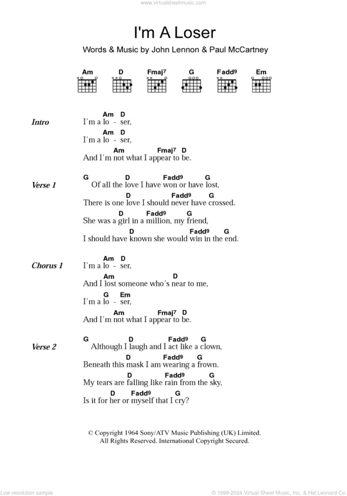 I'm A Loser sheet music for guitar (chords) by The Beatles, John Lennon and Paul McCartney, intermediate skill level