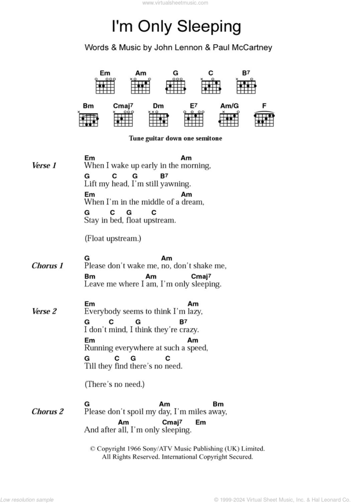 I'm Only Sleeping sheet music for guitar (chords) by The Beatles, John Lennon and Paul McCartney, intermediate skill level