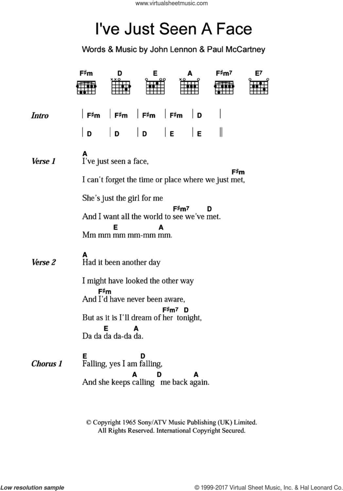 I've Just Seen A Face sheet music for guitar (chords) by The Beatles, John Lennon and Paul McCartney, intermediate skill level