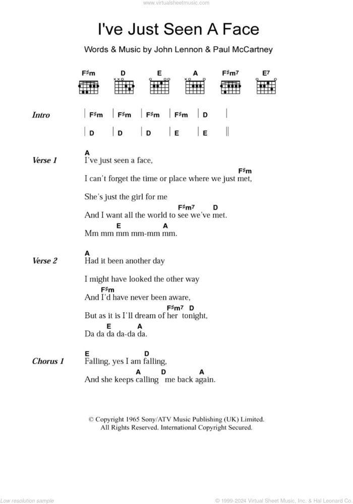 I've Just Seen A Face sheet music for guitar (chords) by The Beatles, John Lennon and Paul McCartney, intermediate skill level