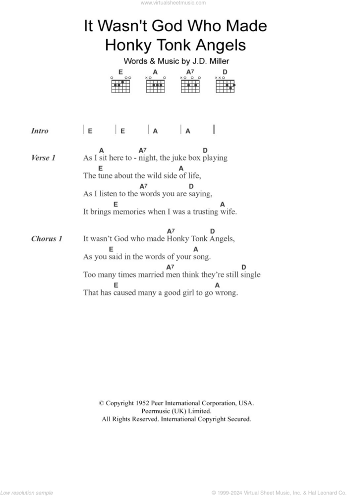 It Wasn't God Who Made Honky Tonk Angels sheet music for guitar (chords) by Kitty Wells and J.D. Miller, intermediate skill level