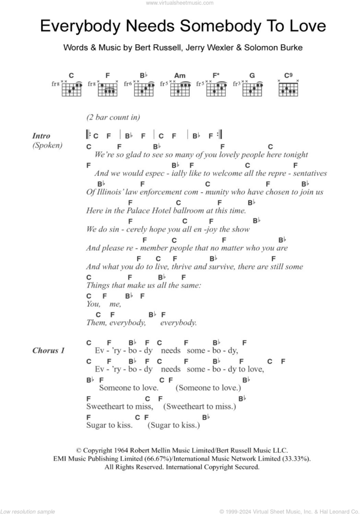 Everybody Needs Somebody To Love sheet music for guitar (chords) by The Blues Brothers, Bert Russell, Jerry Wexler and Solomon Burke, intermediate skill level