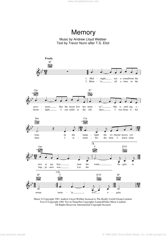 Memory (from Cats) sheet music for voice and other instruments (fake book) by Andrew Lloyd Webber and Trevor Nunn, intermediate skill level