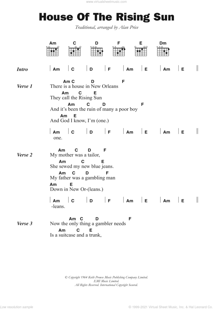 The House Of The Rising Sun sheet music for guitar (chords) by The Animals and Miscellaneous, intermediate skill level