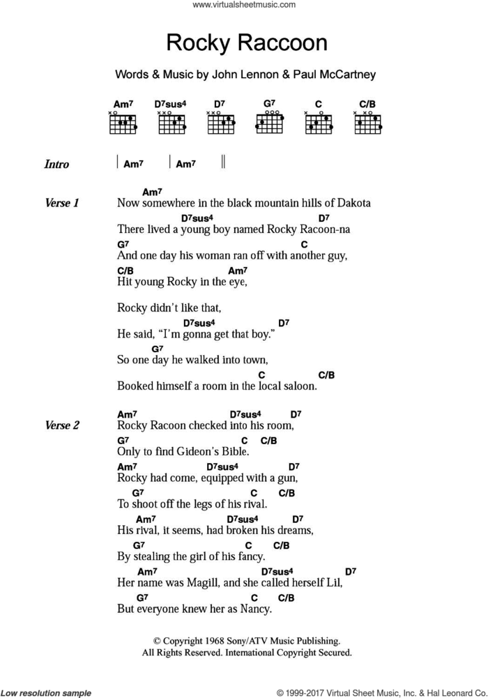 Rocky Raccoon sheet music for guitar (chords) by The Beatles, John Lennon and Paul McCartney, intermediate skill level